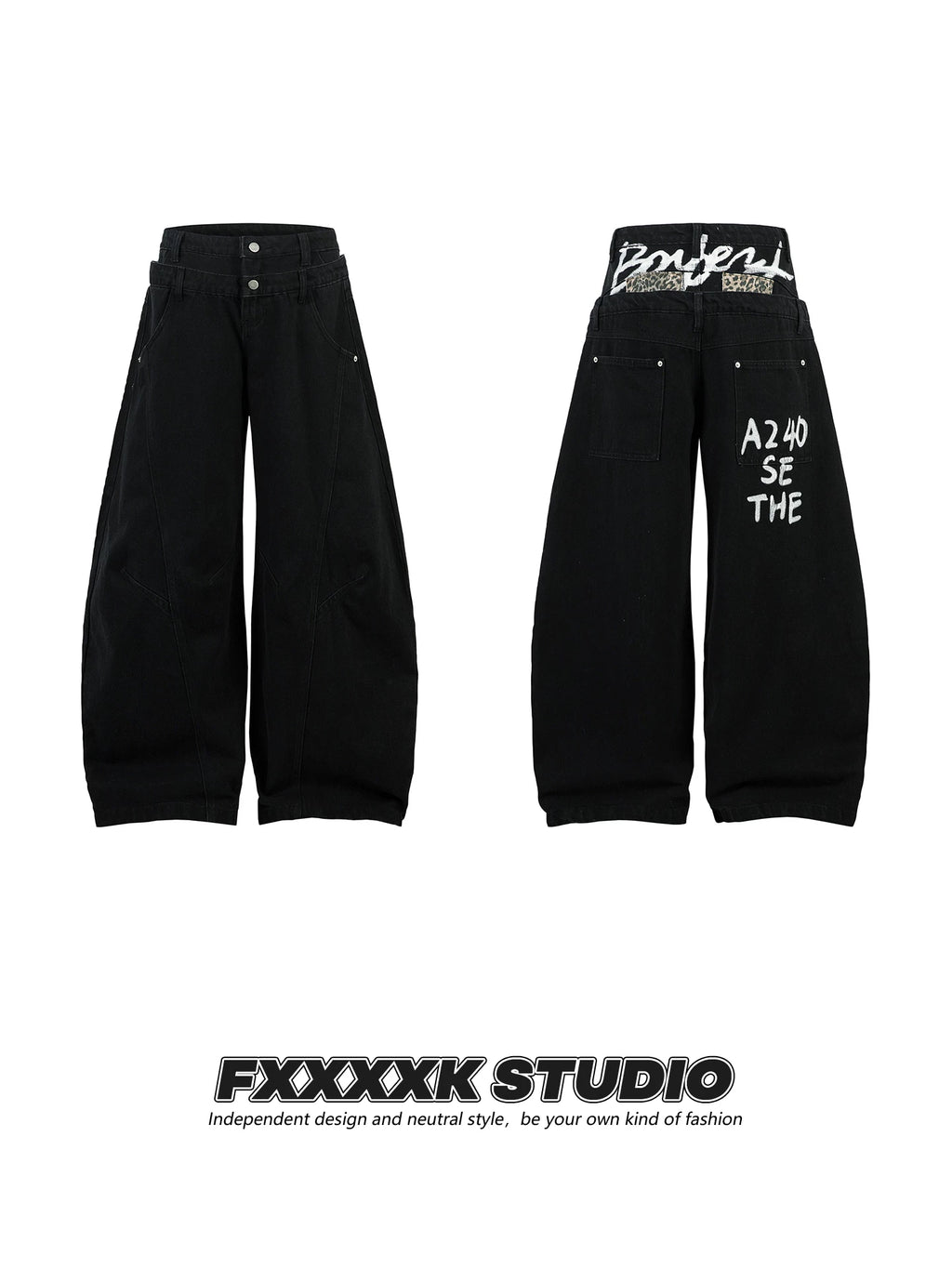 FXK Original Double Waist Leopard Stitching Graffiti Jeans