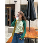 CCKOK Wheat Ear Embroidery Contrast Long Sleeve Top