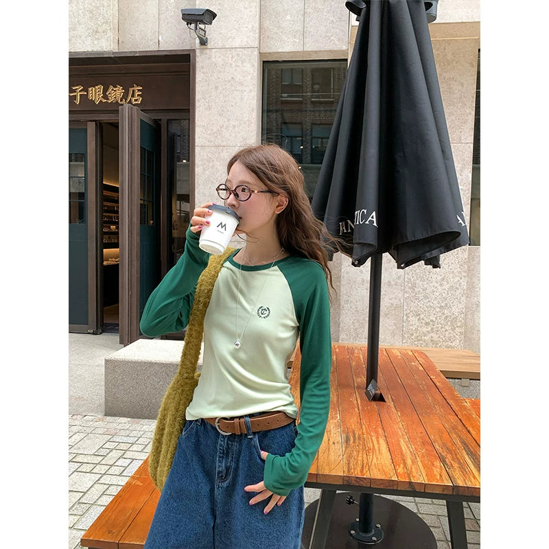 CCKOK Wheat Ear Embroidery Contrast Long Sleeve Top