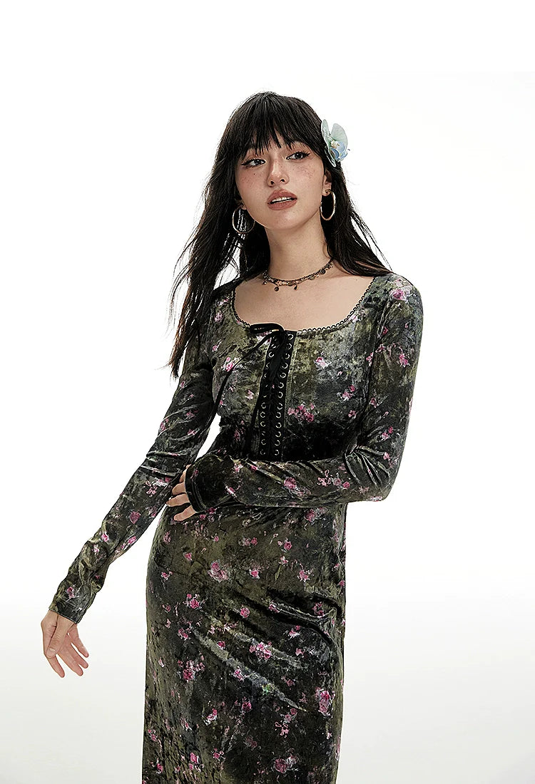 Imone Retro Chest Strap Waist Slim Square Neck Velvet Dress