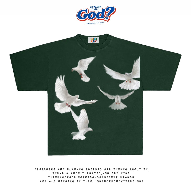 GOODGOD Peace Dove Printed Loose T-Shirt