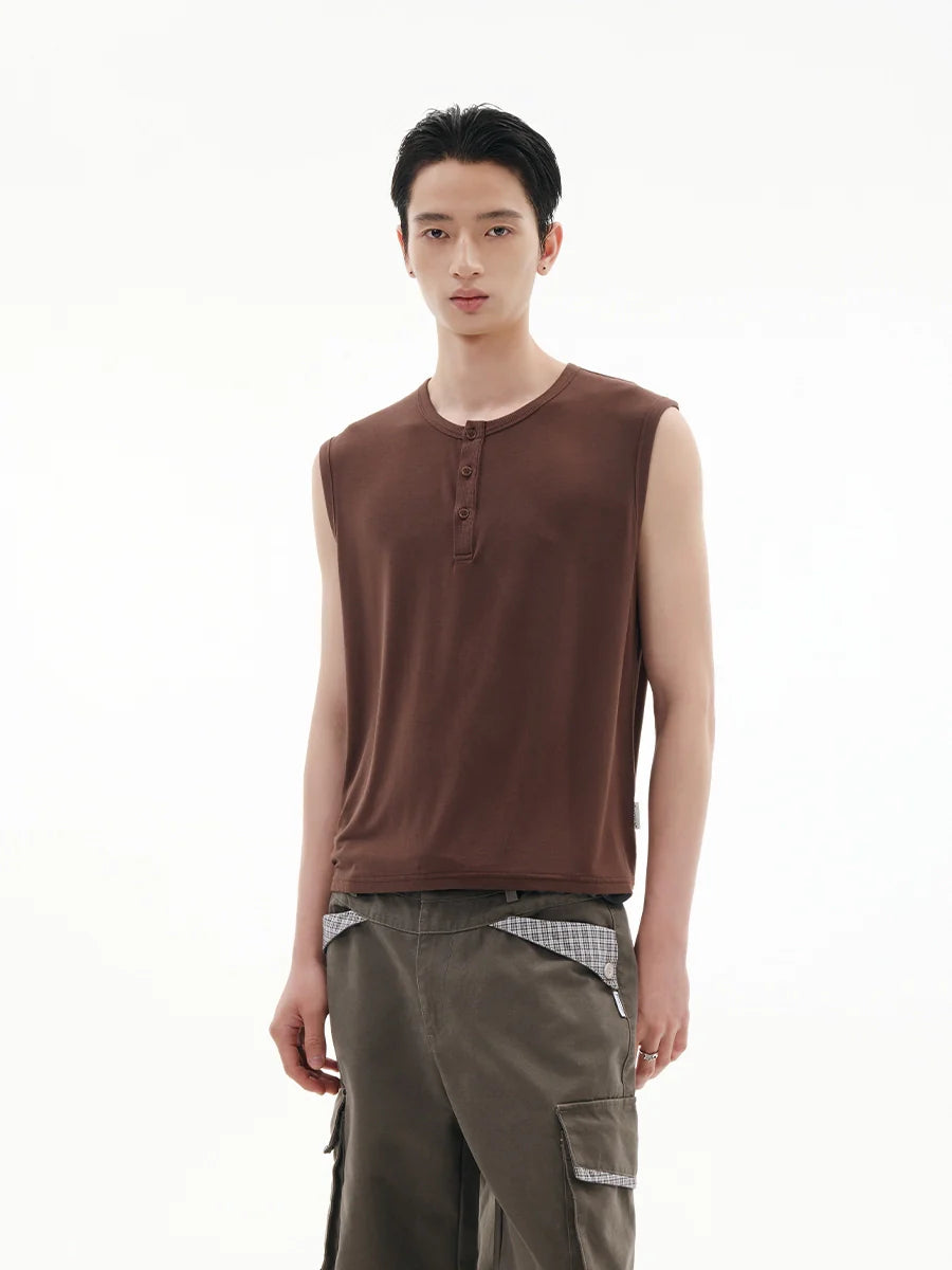 FUNKYFUN Versatile Henry Neck Loose Sleeveless Vest