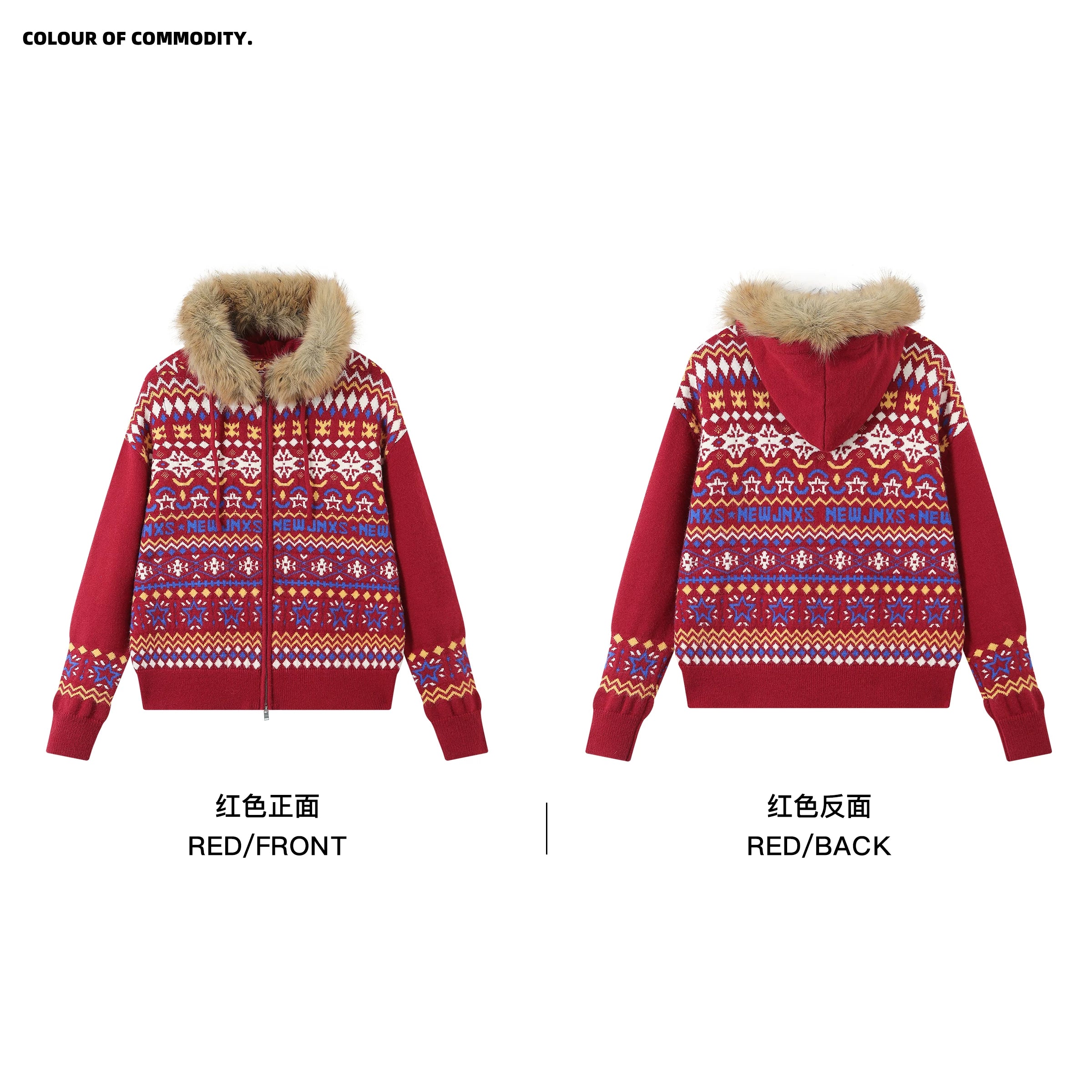 Mr. Jiangnan & andall Fair Isle Detachable Fur Collar Knit Cardigan