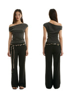 FUNKYFUN Irregular Slanted Shoulder Short Sleeve Tee