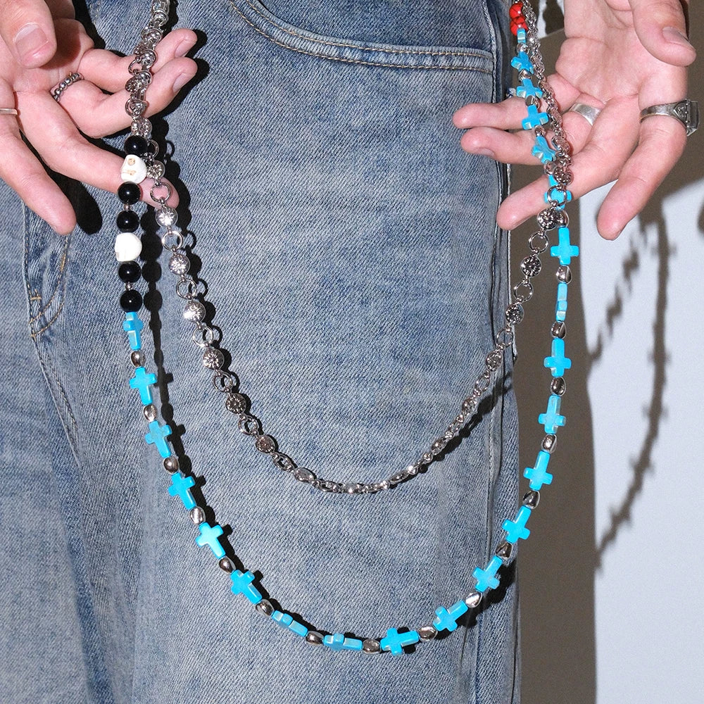 Darkblue Store Retro Blue Cross Skull Punk Trouser Chain