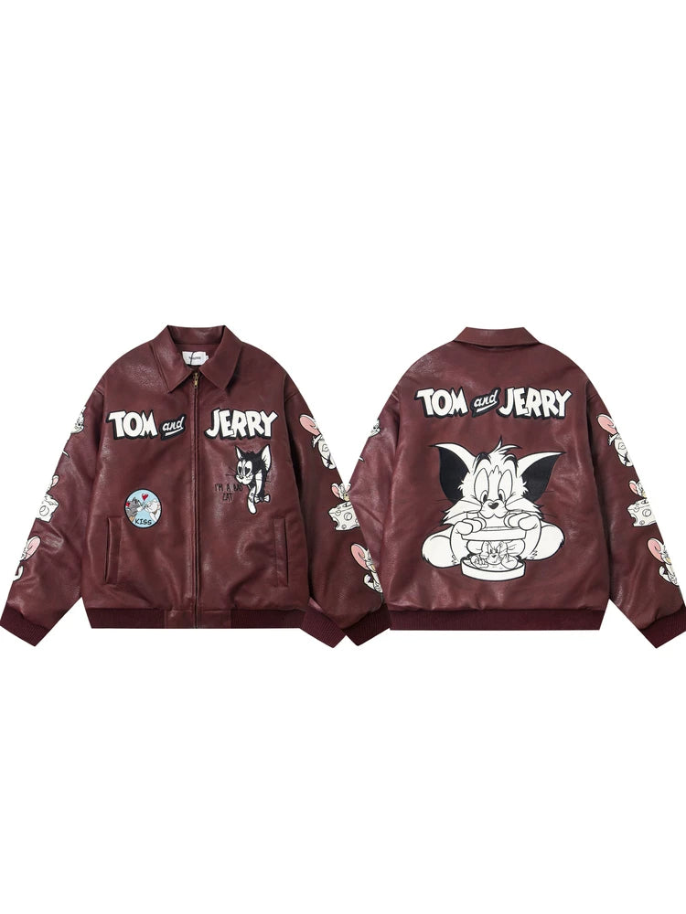 NIKAHOUSE Embroidered Cat Mouse Motorcycle Leather Jacket