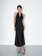 NEVA HU Premium Satin V-Neck Neck Dress