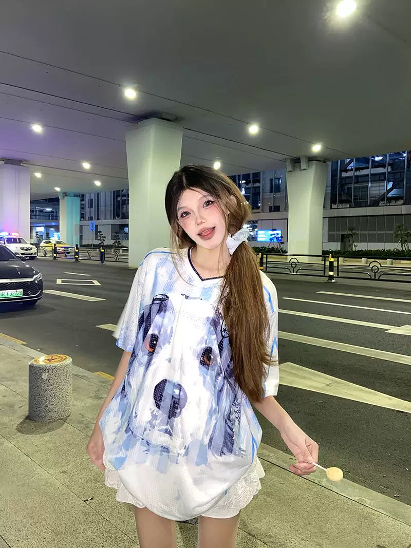 SIXMINU Splicing Breathable Dog Hip Hop V Neck T Shirt