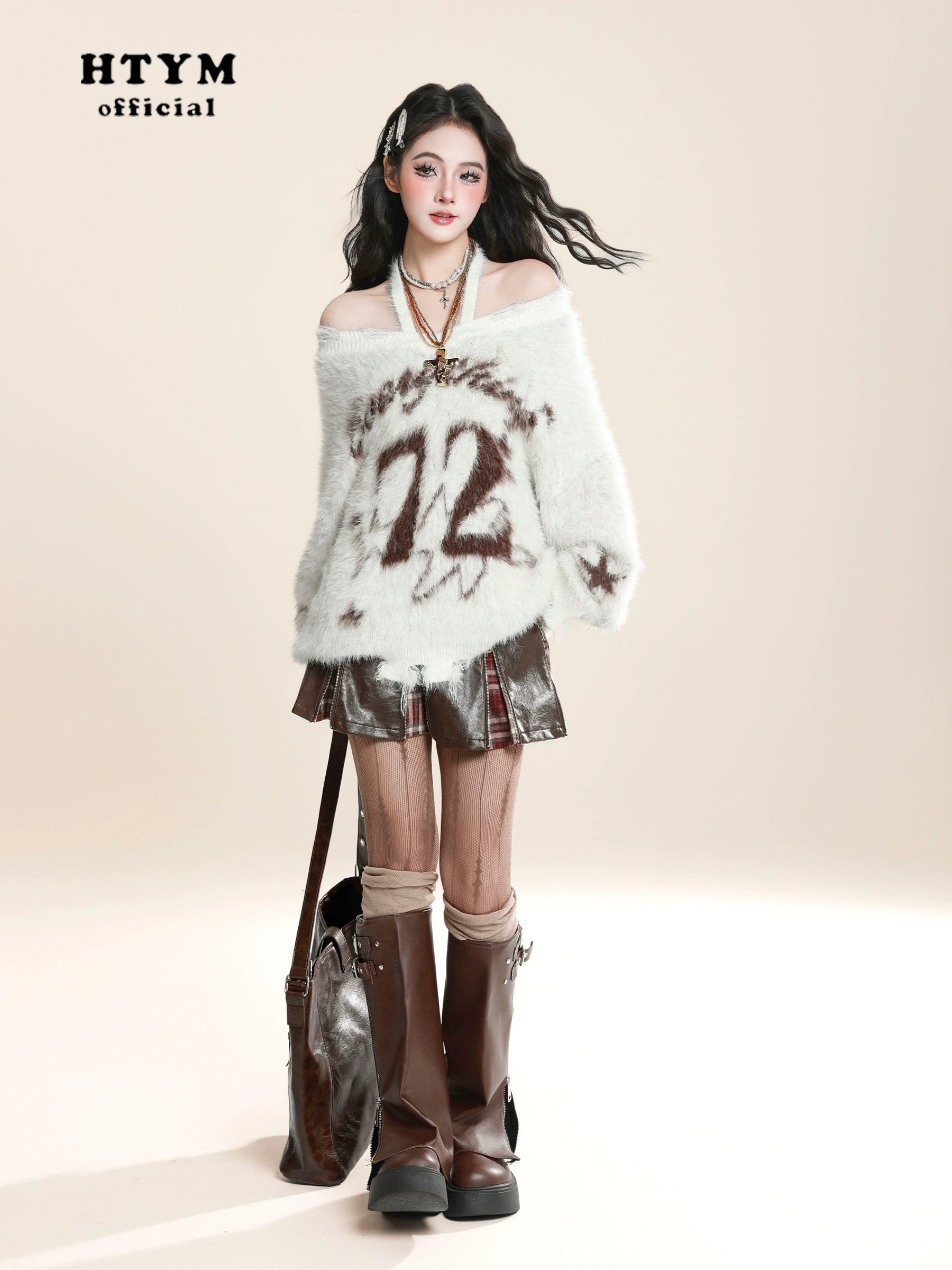 HTYM Halter One-Shoulder Mohair Sweater for Women