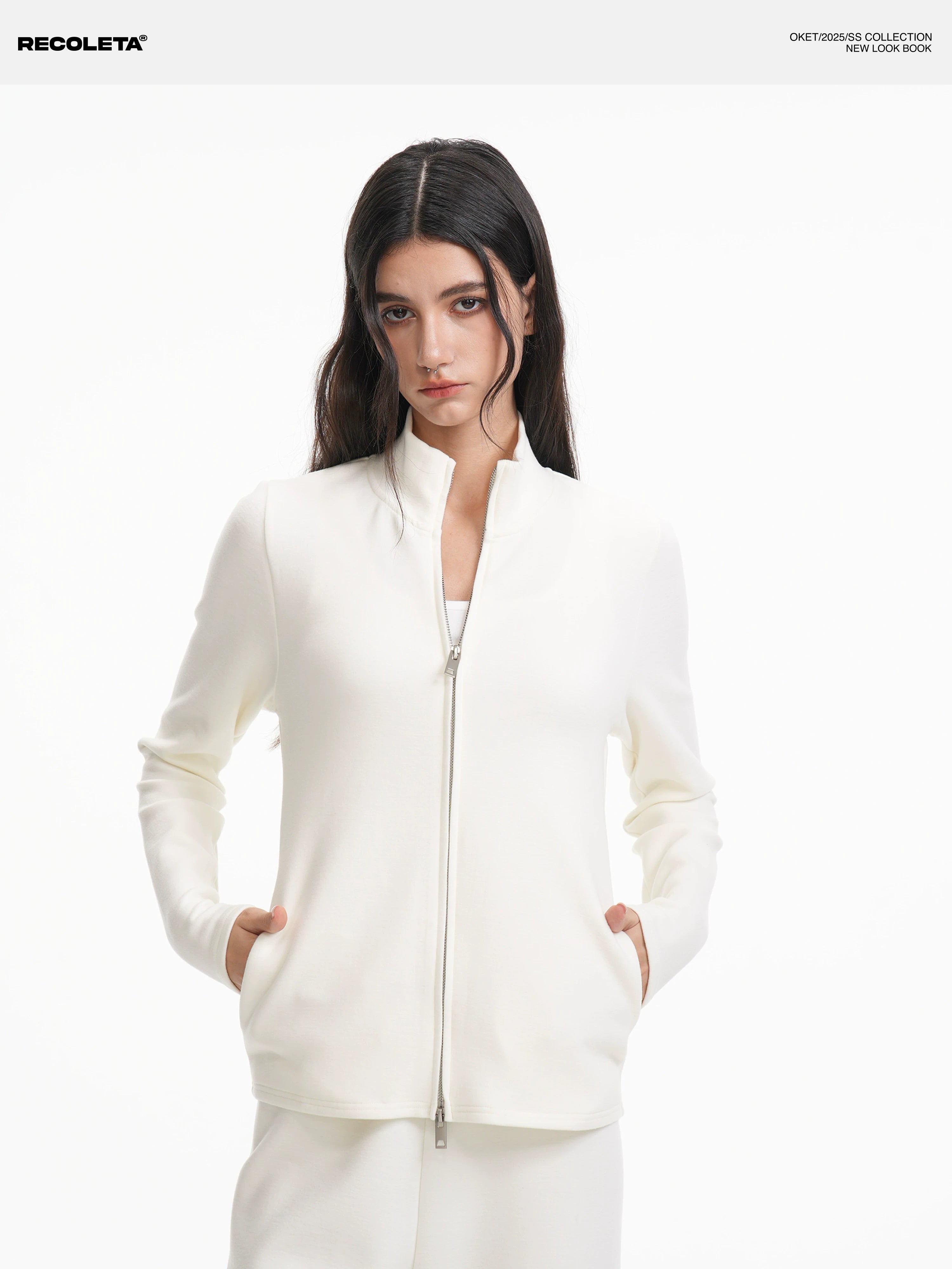 RECOLETA Lazy Wool Zipper Stand Collar Cardigan Set