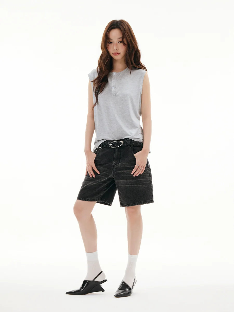 FUNKYFUN Versatile Henry Neck Loose Sleeveless Vest