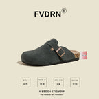 FVDRN Genuine Leather Cork Sole Clog Slippers