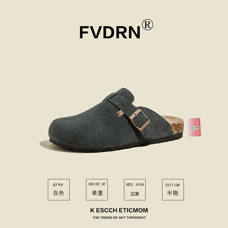 FVDRN Genuine Leather Cork Sole Clog Slippers