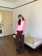 CCKOK Wheat Ear Embroidery Contrast Long Sleeve Top