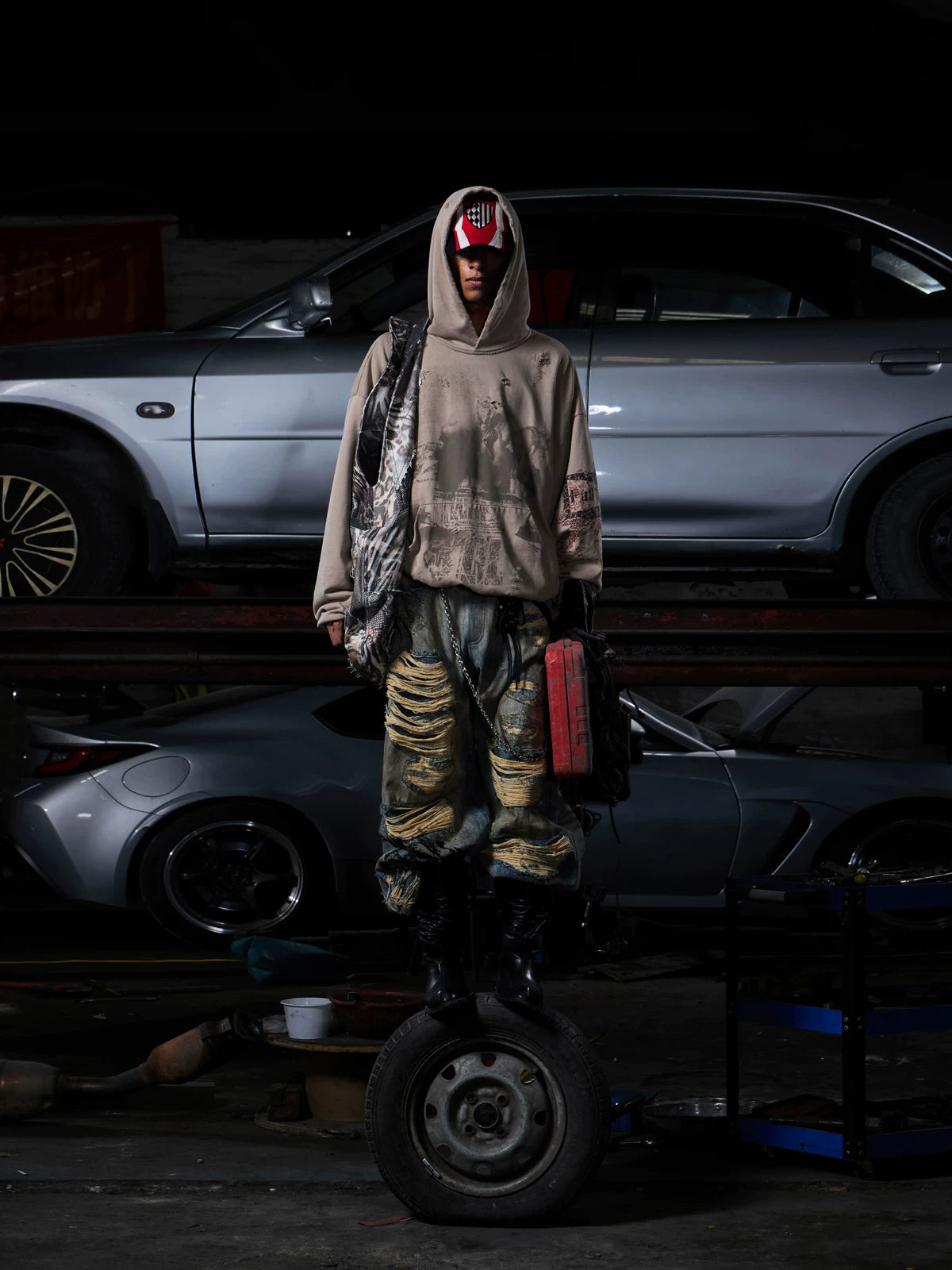 PEOPLESENSE Double Layer Fire Horse Print Distressed Hooded Sweatshirt