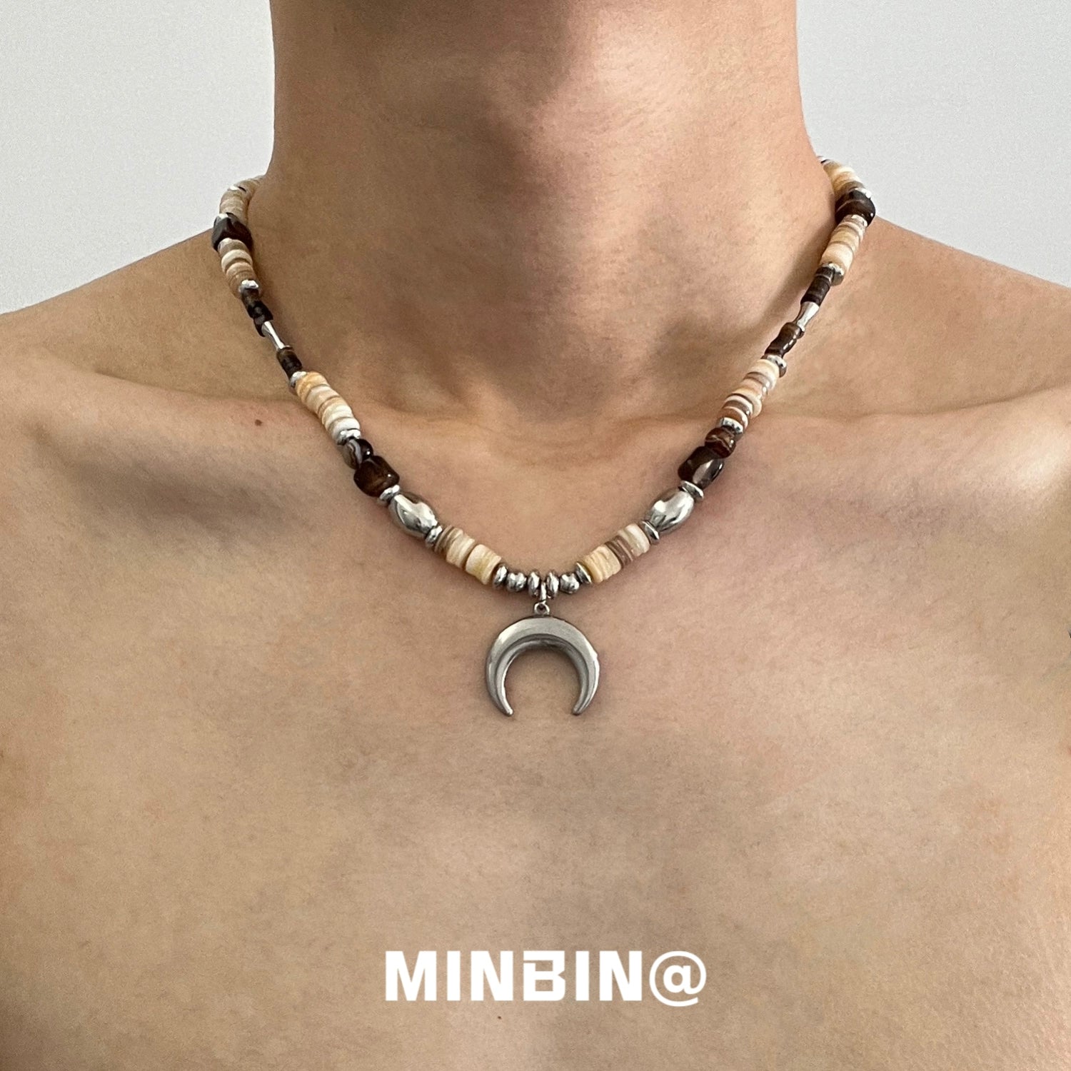 Natural Stone Beaded Crescent Moon Clavicle Necklace