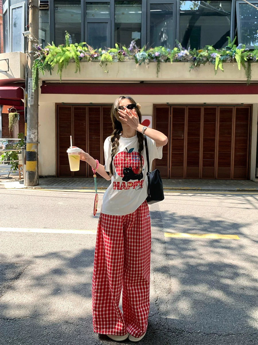 CCKOK Red Plaid Wide Leg Pants
