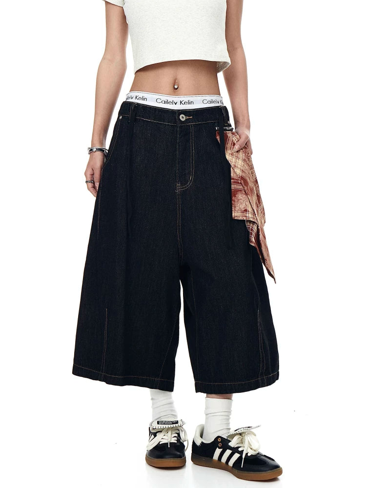 American Street Detachable Scarf Denim Cropped Shorts