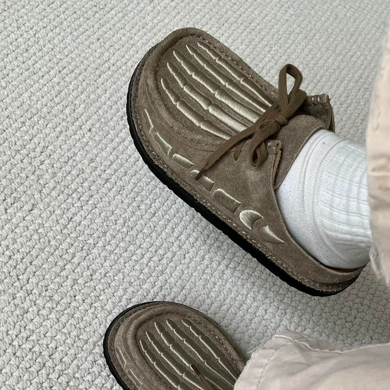 INTAO Cowhide Lace Up Birkenstock Half Slippers