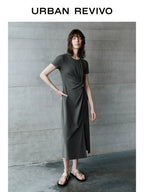 URBAN REVIVO Pleated Slit Slim Short Sleeve Dress