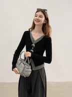 cantonstory Fake Two Piece V Neck Knit Long Sleeve Top