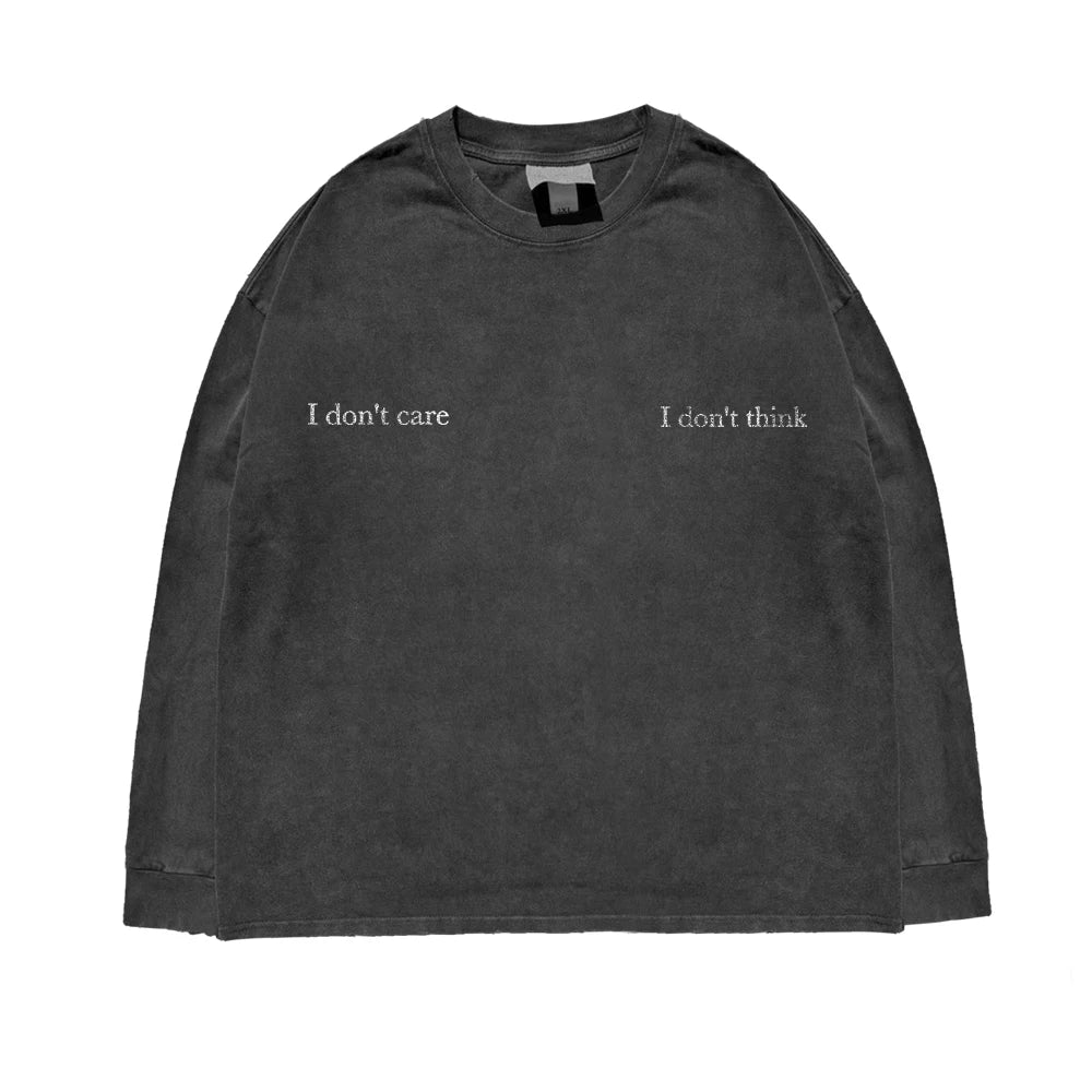 MELANIN 330G Heavy Washed Distressed Campus Couple Long Sleeve T Shirt