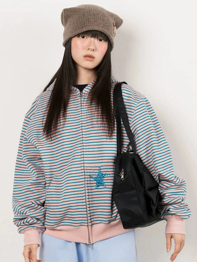 I4P STUDIO Webhouse Retro Star Striped Velvet Hooded Sweatshirt
