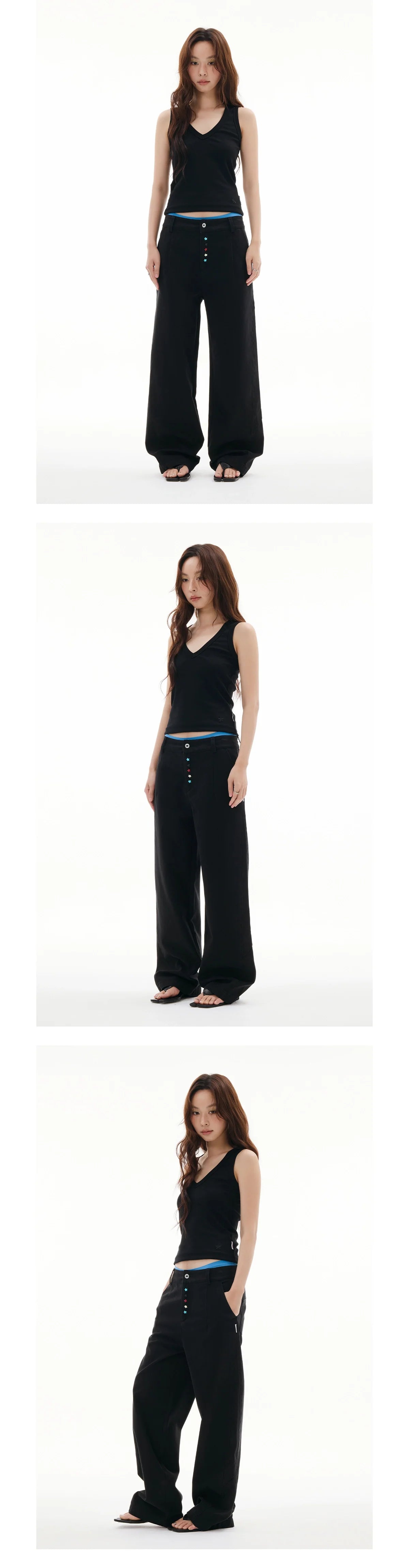 FUNKYFUN Hand-sewn Colorful Starfish Button-up Straight Casual Pants
