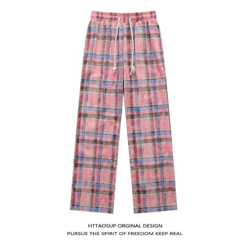 HTTAOSUP Retro Plaid Wide-Leg Pants