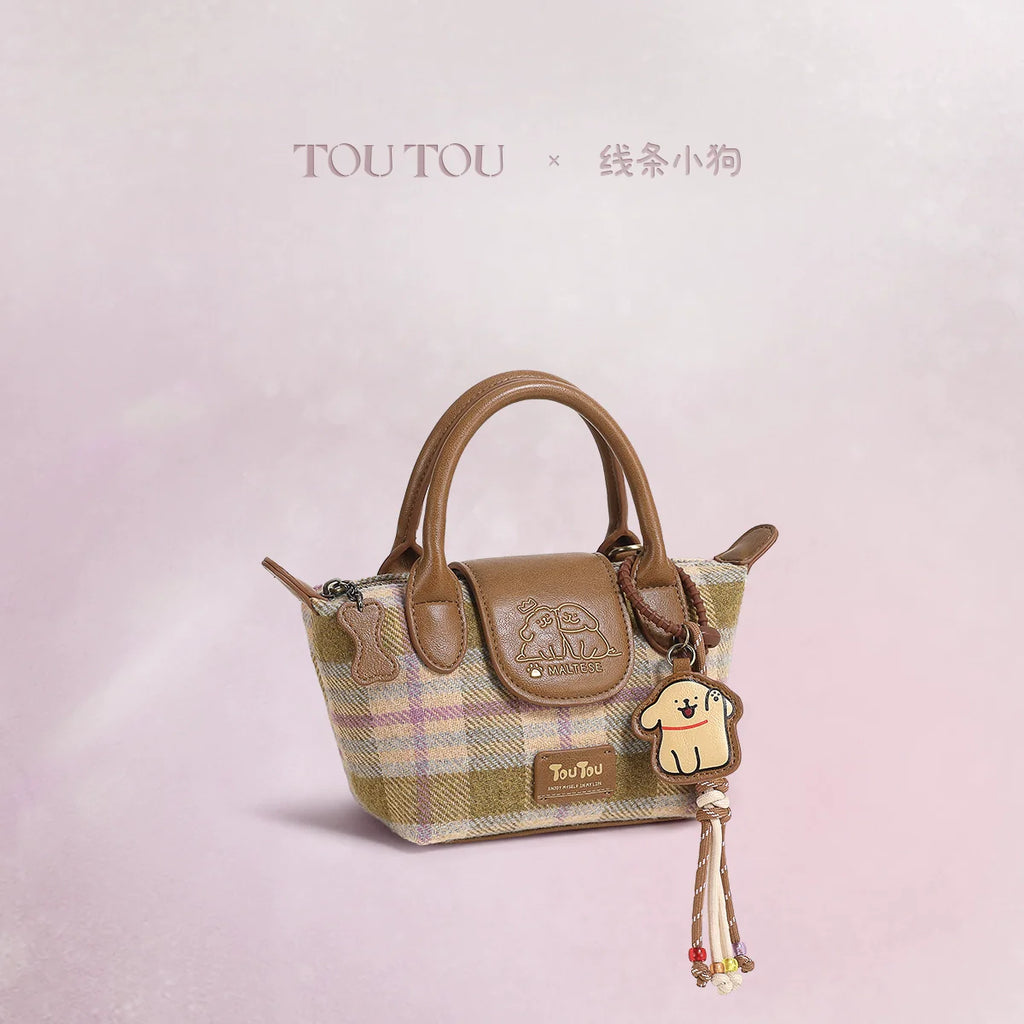 TOUTOU Line Puppy Plaid Woolen Messenger Bag