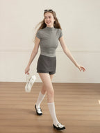 cantonstory Retro Gray High Waist Faux Two Piece Skirt Pants