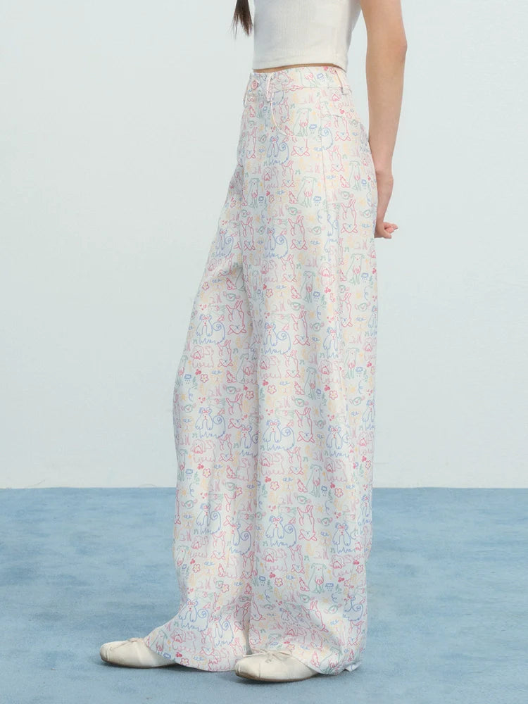 Umoumo Loose Color Puppy Graffiti Printed Casual Pants