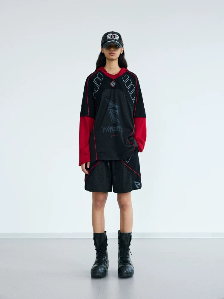 PEOPLESTYLE Racing Stitching Fake Two-Piece Quick-Dry Hooded Jersey