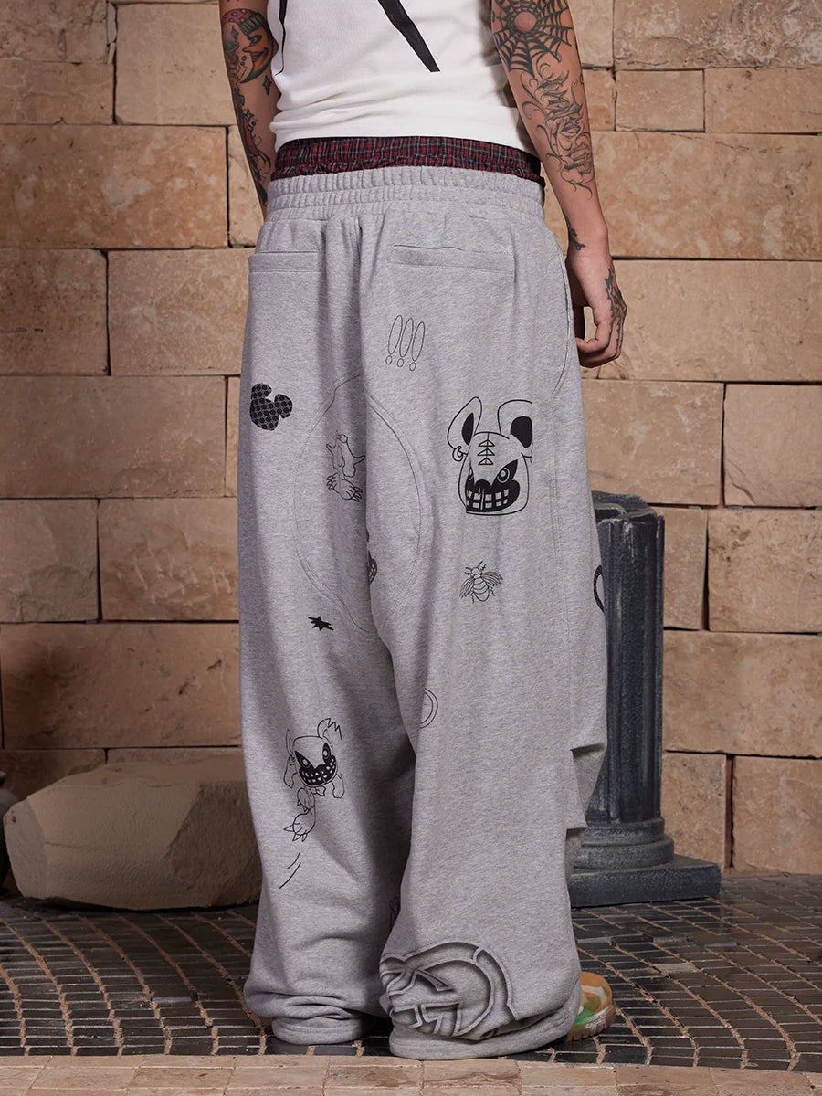 DND4DES Graffiti Print Double Waist Splicing Gray Sweatpants