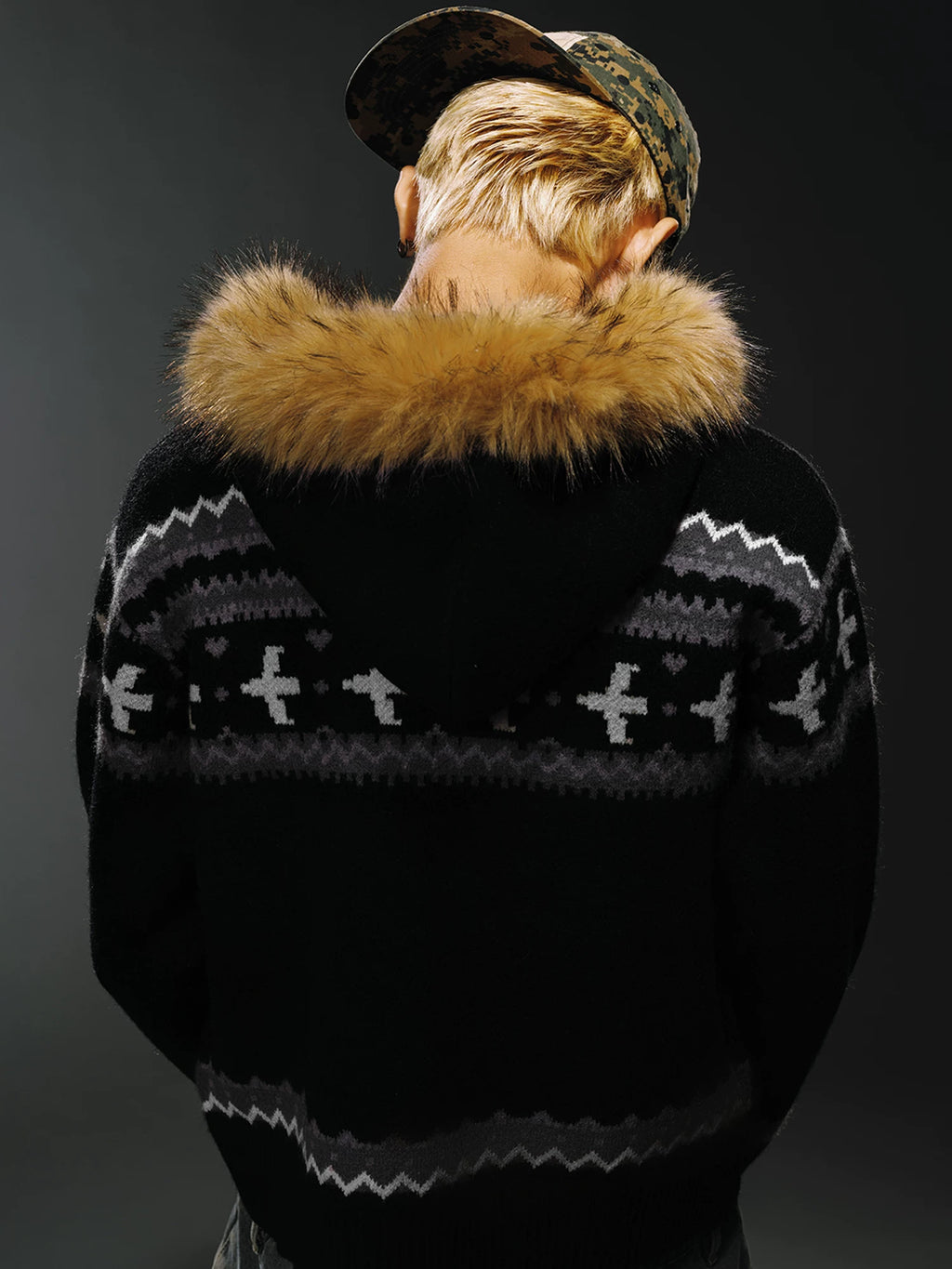 WHOOSIS Fair Isle Fur Collar Knitted Jacket