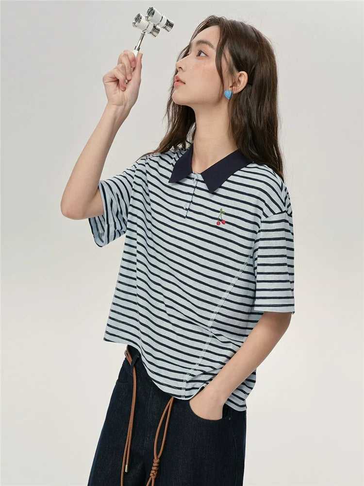 Giordano Contrasting Striped Cherry Embroidered Lapel Tee