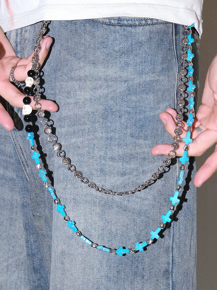 Darkblue Store Retro Blue Cross Skull Punk Trouser Chain