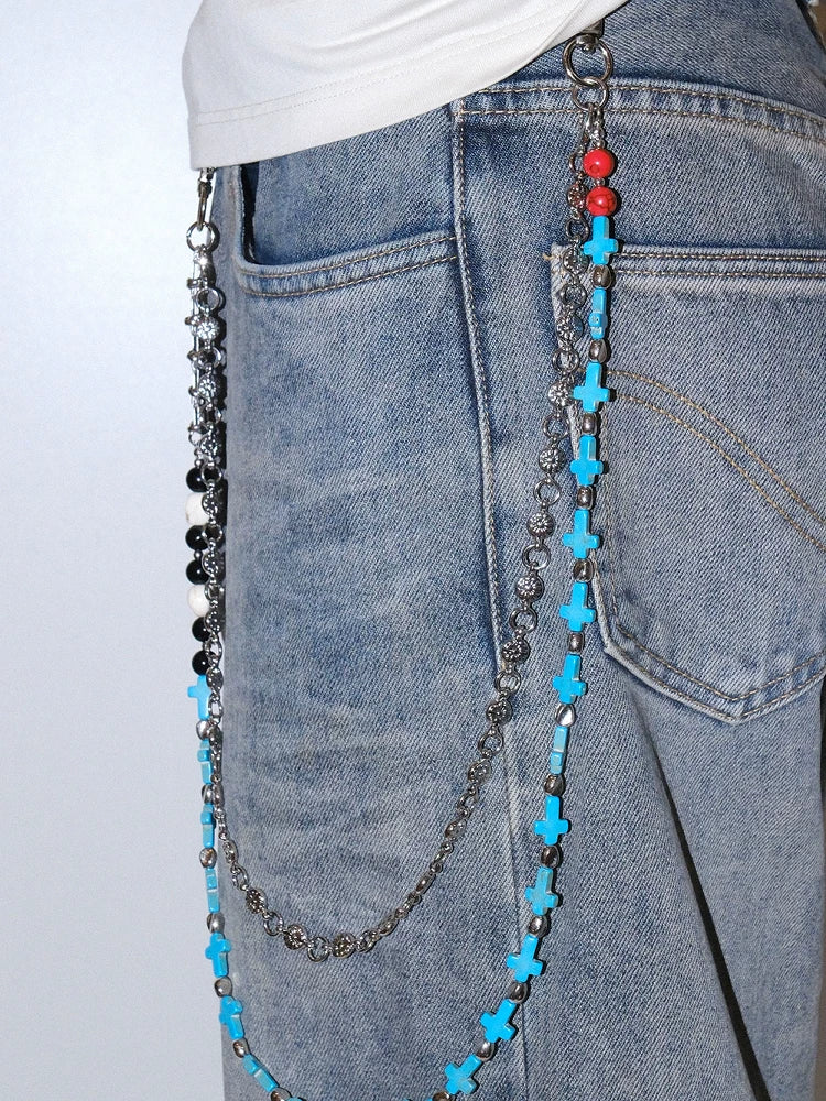 Darkblue Store Retro Blue Cross Skull Punk Trouser Chain