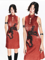 YEDM Dragon Print Stand-up Collar Sleeveless Dress