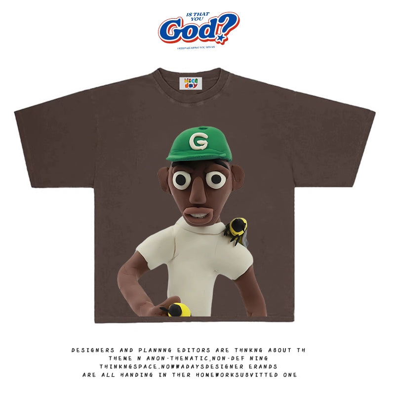 GOODGOD Green Hat Boy Printed Casual T-Shirt