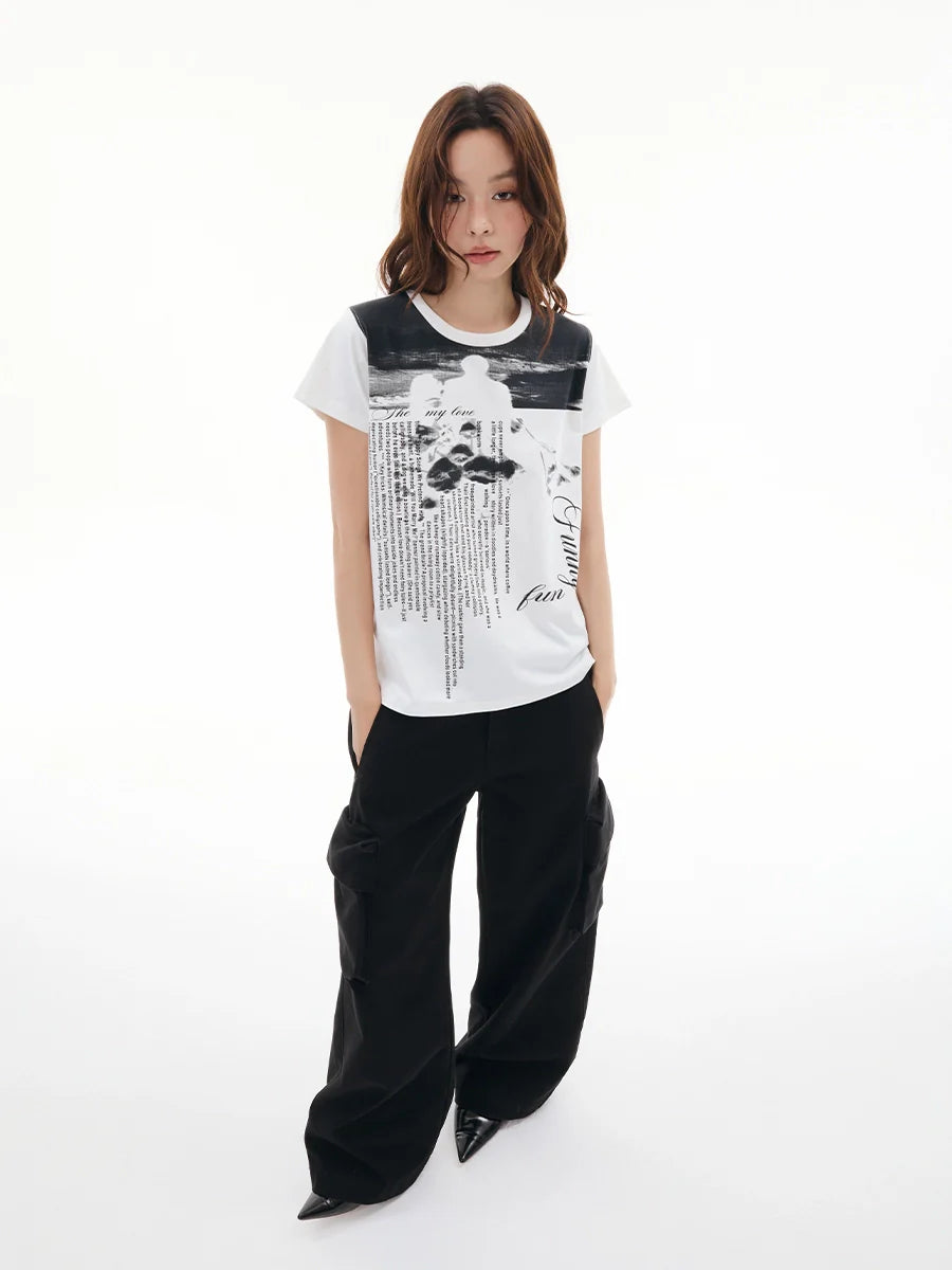 FUNKYFUN Full Print Portrait Slogan Front Shoulder Tee