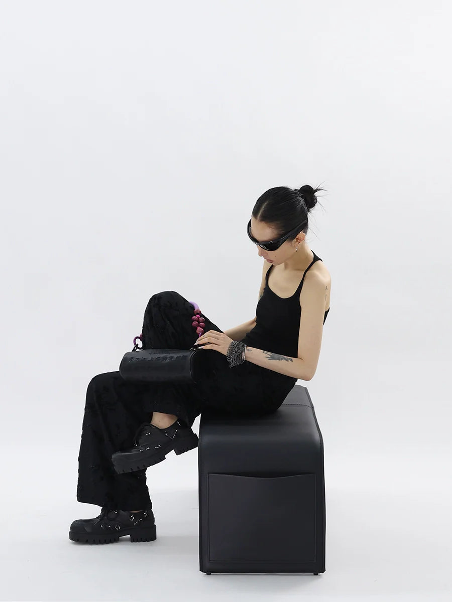 FUZZYKON Button Placket Light Drop Straight Loose Flocking Pants