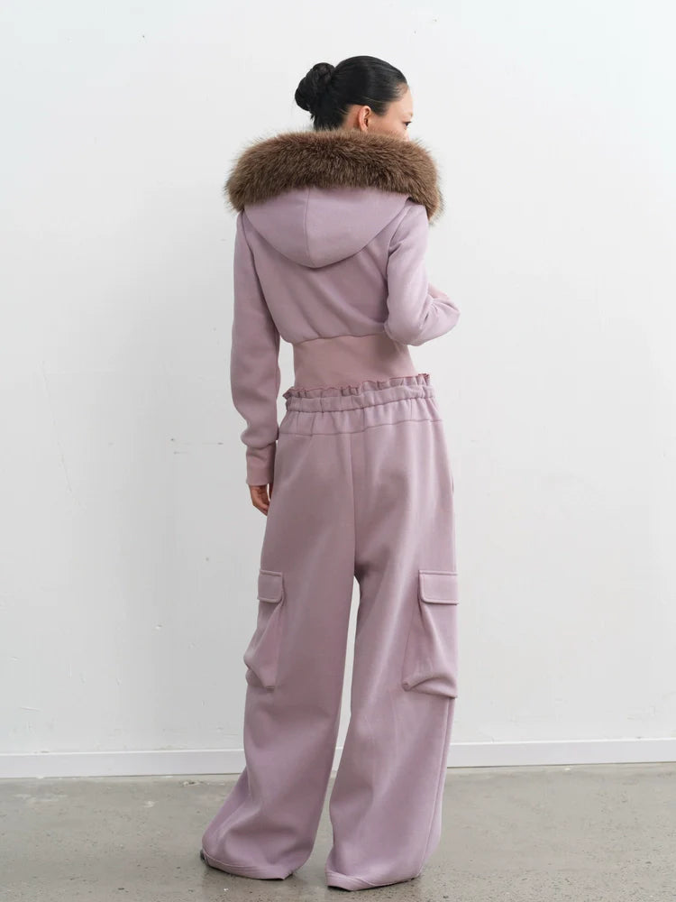 LINY LIBERTY Removable Fur Collar Short Sweater Casual Sweatpants Set