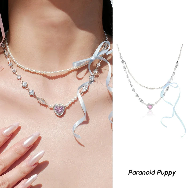PP Streamer Bow Pearl Love Necklace