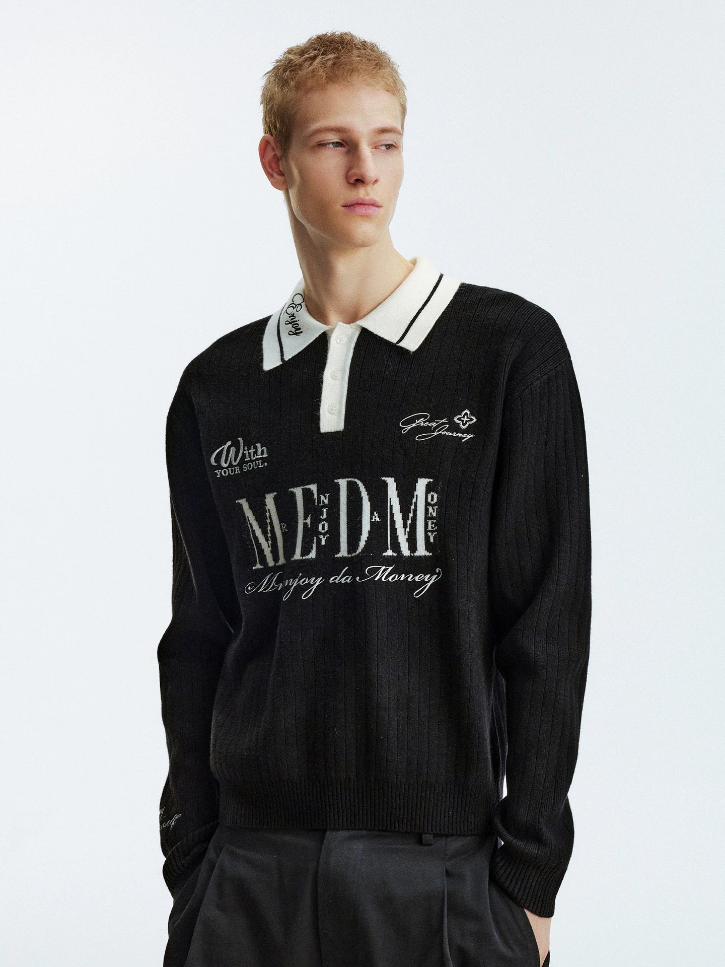 MEDM Contrasting Casual Monogram Embroidered Lapel Knit