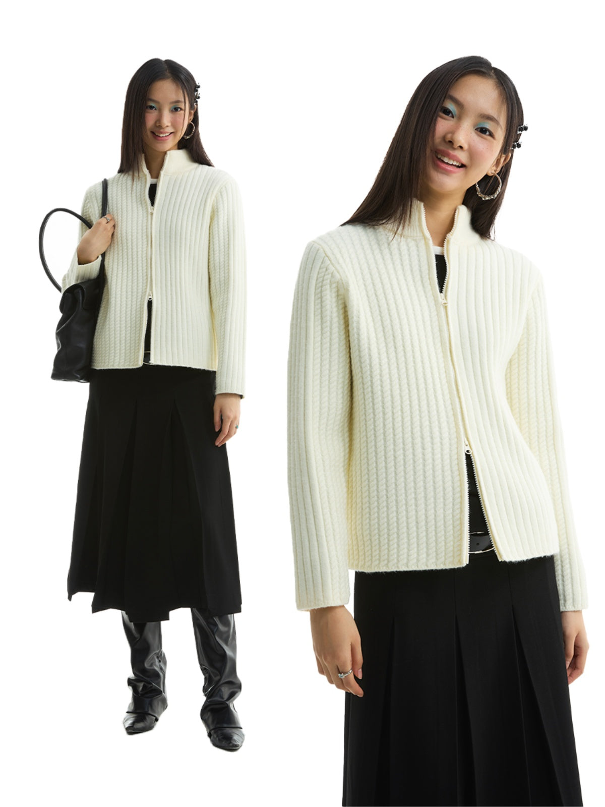 FUNKYFUN Twist Double Pit Strip Zipper Knitted Sweater Jacket