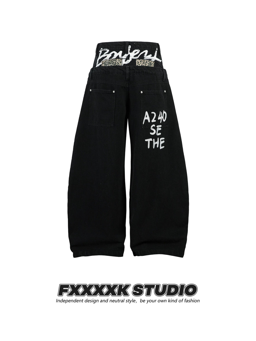 FXK Original Double Waist Leopard Stitching Graffiti Jeans