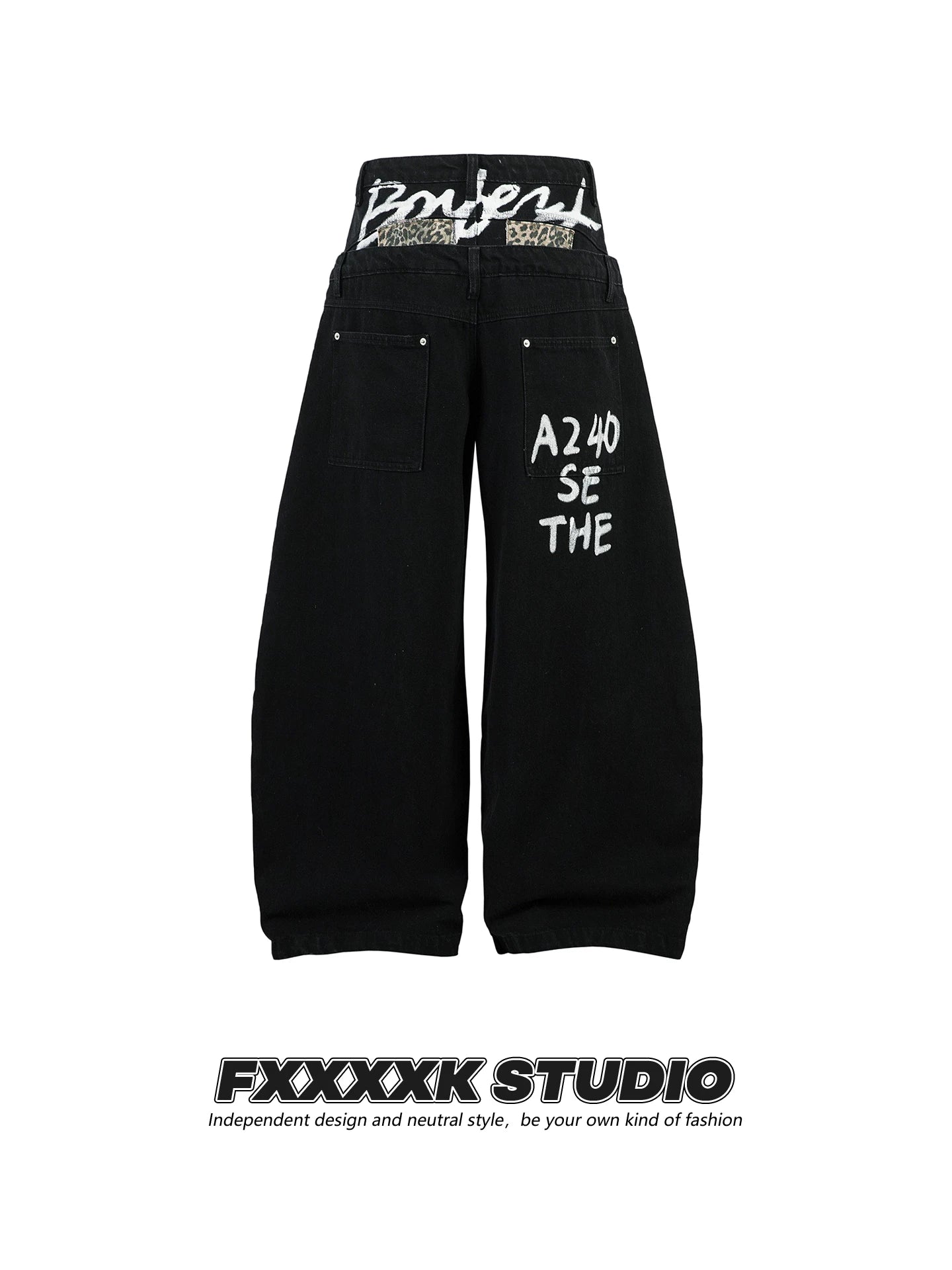 FXK Original Double Waist Leopard Stitching Graffiti Jeans
