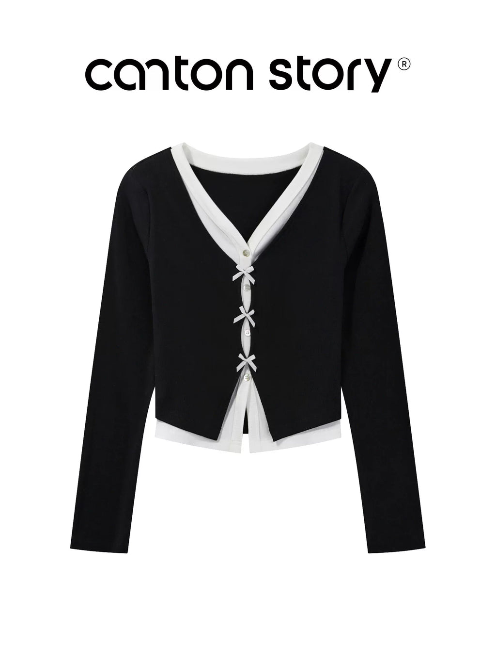 cantonstory Fake Two Piece V Neck Knit Long Sleeve Top