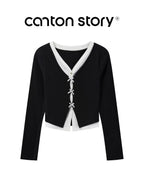 cantonstory Fake Two Piece V Neck Knit Long Sleeve Top